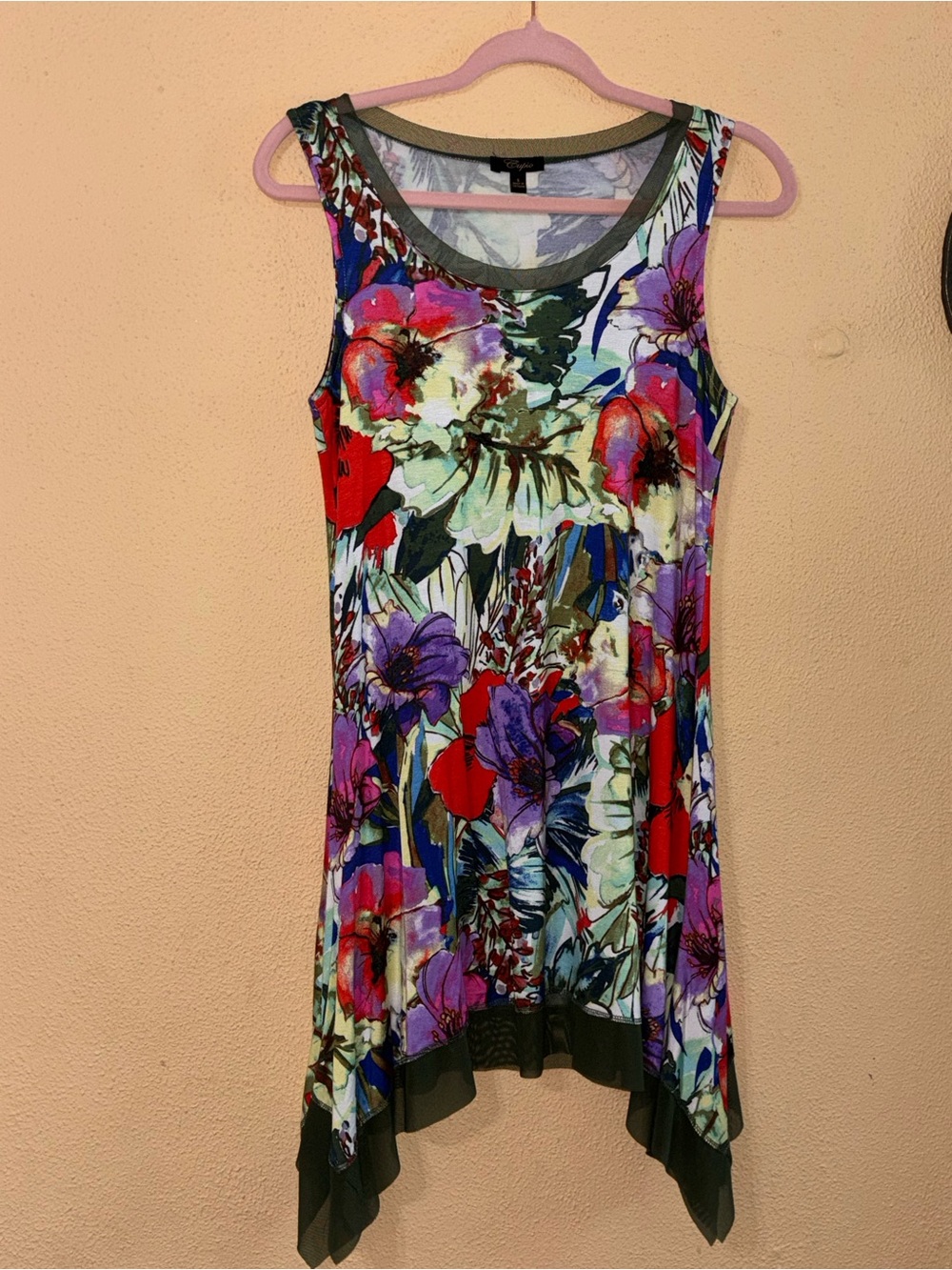 NWOT Cupio Tropical Dress Sheer Mesh Handkerchief Hem Red & Purple Floral S